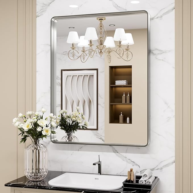LOAAO 24X30 Inch Brushed Nickel Bathroom Mirror, Rounded Rectangle Silver Metal Frame Mirror, Brushed Nickel, Anti-Rust, Shatter Proof, Hangs Horizontally or Vertically