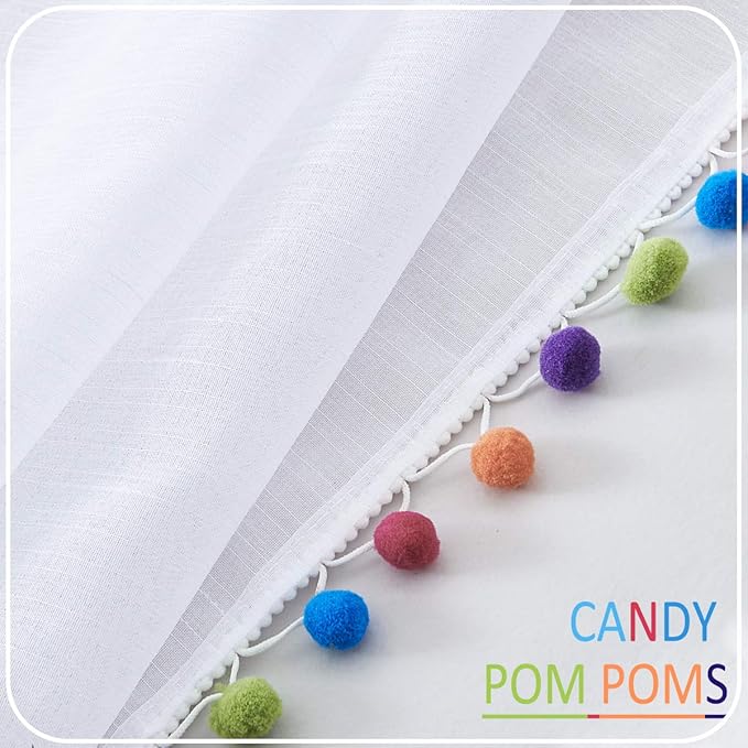 Treatmentex White Sheer Curtains Multi Colorful Pom Pom Sheer Drapes 63" inches Long Window Draperies for Nursery Room Bed Canopy 2 Panels Rod Pocket