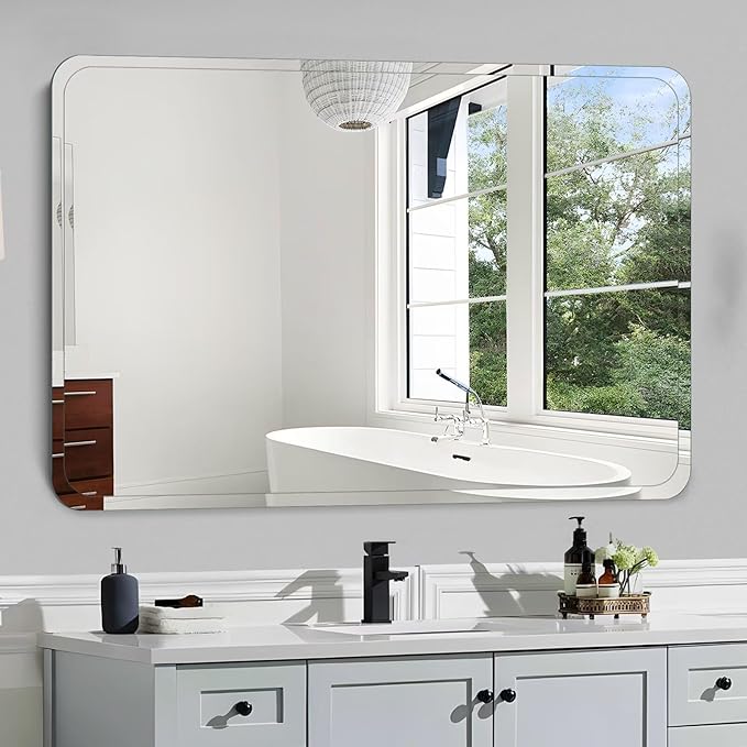 Frameless Bathroom Mirror for Over Sink,Wall Mounted Vanity Mirrors 16x24in,Rounded Rectangle Mirror Frameless with Polished Edge for Bedroom,Living Room,Entryway,Shatterproof (Horizontal/Vertical)
