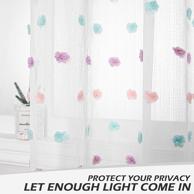 MYSKY HOME Pom Pom Sheer Curtains for Girls' Bedroom and Nursery - Rainbow 72 Inch Long Door Curtains with Rod Pocket - Semi-Transparent, Light Filtering - 52 x 72 Inch, 2 Panels