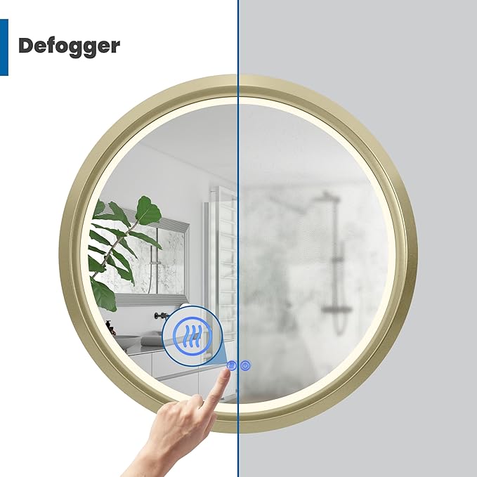 Round LED Mirror 24 Inch for Bathroom, Gold Metal Frame Lighted Vanity Mirror,Wall Mounted Circle with Lights,6000K Anti-Fog & Dimmable Touch Switch