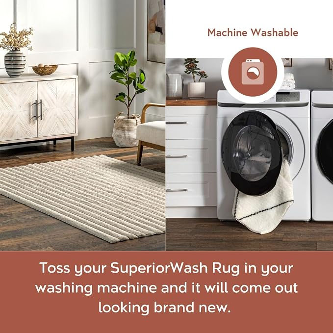 nuLOOM Kai Beige Striped Washable Area Rug - Image 2