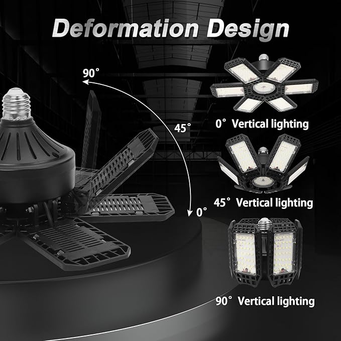 6 Pack LED Garage Light, 200W 20000LM 6500K LED Shop Lights, Garage Lights Ceiling Led with 6+1 Deformable Panels, Screw in E26/E27 Socket Bulb for Warehouse, Workshop, Basement, Barn Lighting