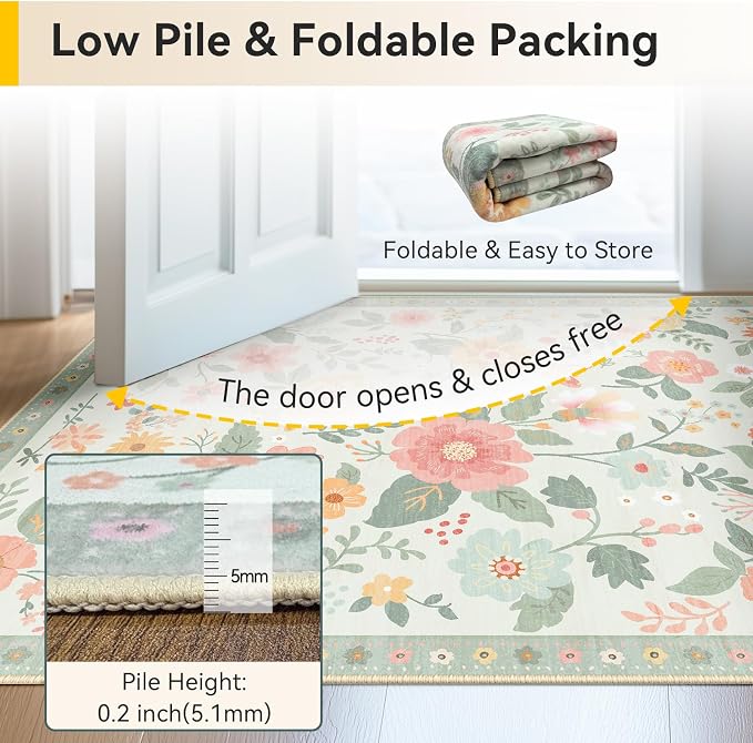 RELEANY Floral Washable 8x10 Area Rugs Beige/Green | Flower Carpet Print Boho - Image 5