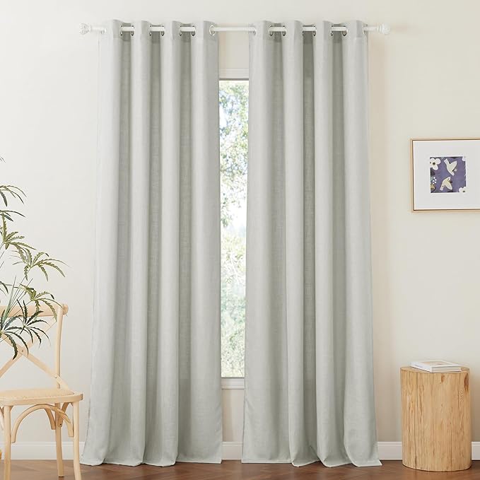 RYB HOME Linen Curtains 108 inches Long, Breathable Vintage Flax Linen Fabric Light Filtering Half Privacy Protected for Sliding Door Living Room Farmhouse, W 52 x L 108 inch, 2 Panels, Grey
