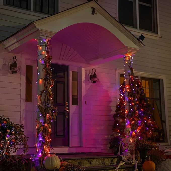 Dazzle Bright 164 FT 500 LED Halloween String Lights, Waterproof Halloween String Lights Black Wire with 8 Modes, Outdoor Halloween Decorations for Indoor Party Yard Wedding Decor, Purple & Orange
