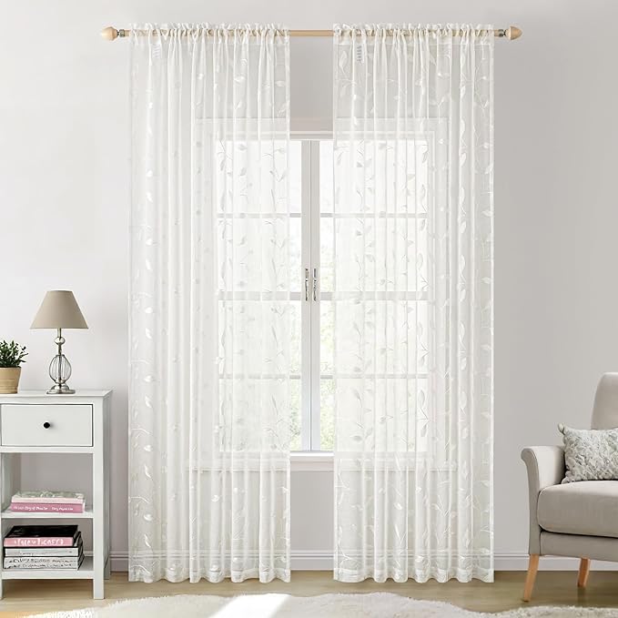 MIULEE Ivory Sheer Curtains 2 Panels Embroidered Leaf Patterned, W52 x L84 | - Image 2