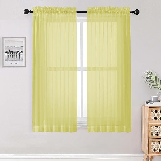 Sheer Lemon Curtains for Bedroom Living Room 63 Inch Length 2 Panels Set by OWENIE