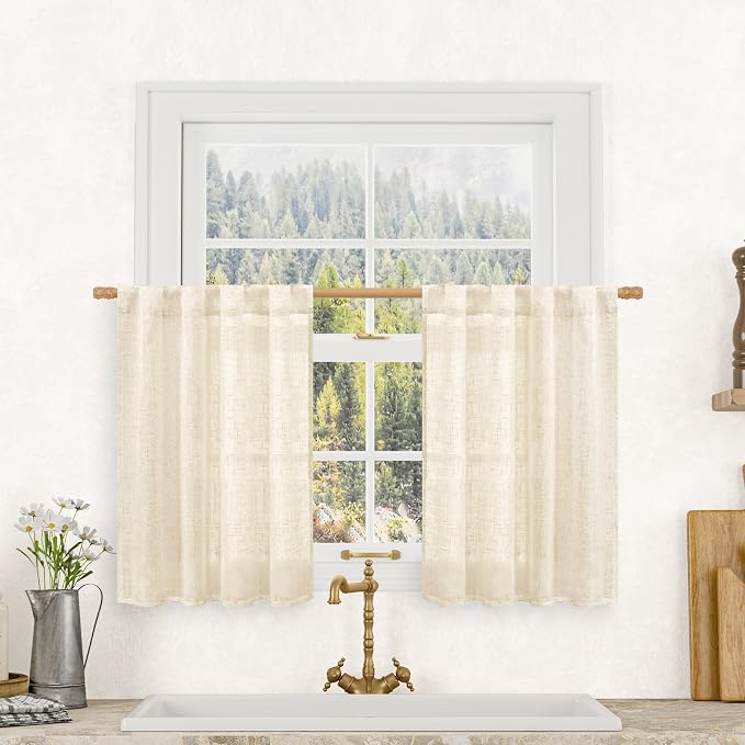 Short Linen Window Curtains 30 Inches Long 2 Panels 34 x 30 Inch | Beige by LAMIT
