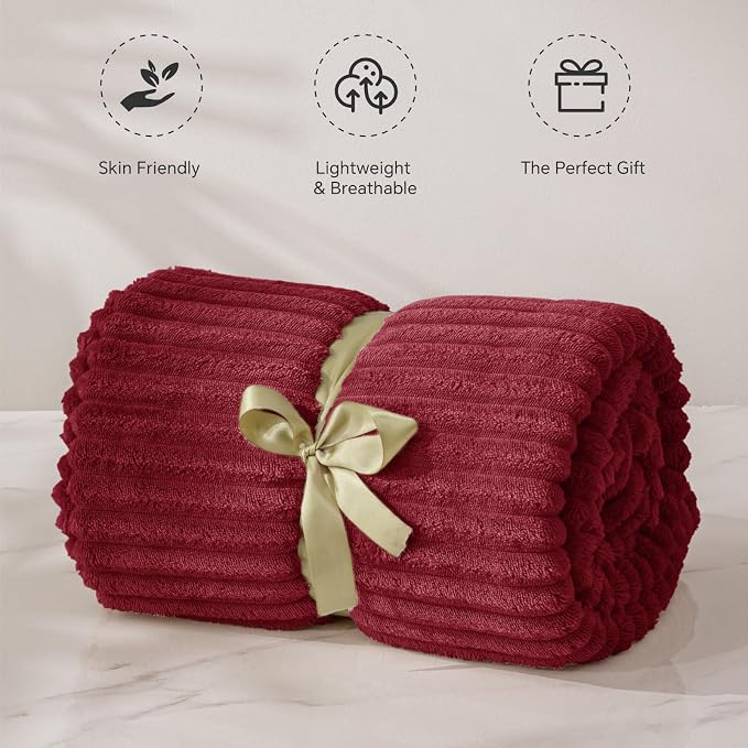 BEDELITE Ribbed Jacquard Burgundy Fleece Twin Blanket - Image 4