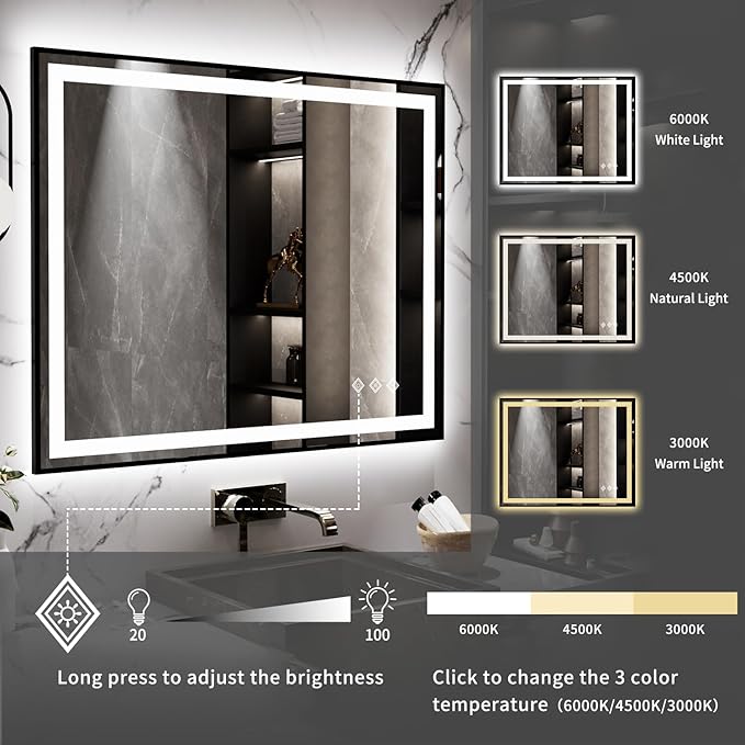LED Mirror, 40x32 Inch Black Framed Gradient Front and Backlit Bathroom Mirror with Lights, 3 Colors Dimmable CRI>90, IP54 Enhanced Anti-Fog Wall Mounted LED Bathroom Mirror