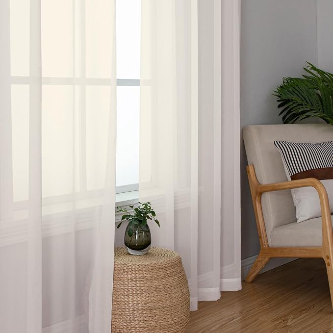 2 Panels Cream Sheer Curtains 54 Inches Length Window Treatment - Image 8