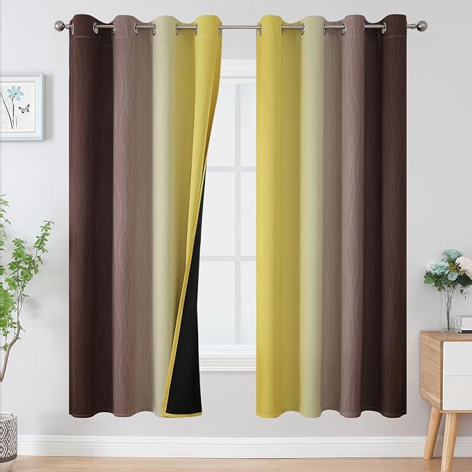 Brown and Yellow Blackout Curtains 52Wx72L Inch 2 Panels | Thermal Insulated by ESTELARTEXTILER