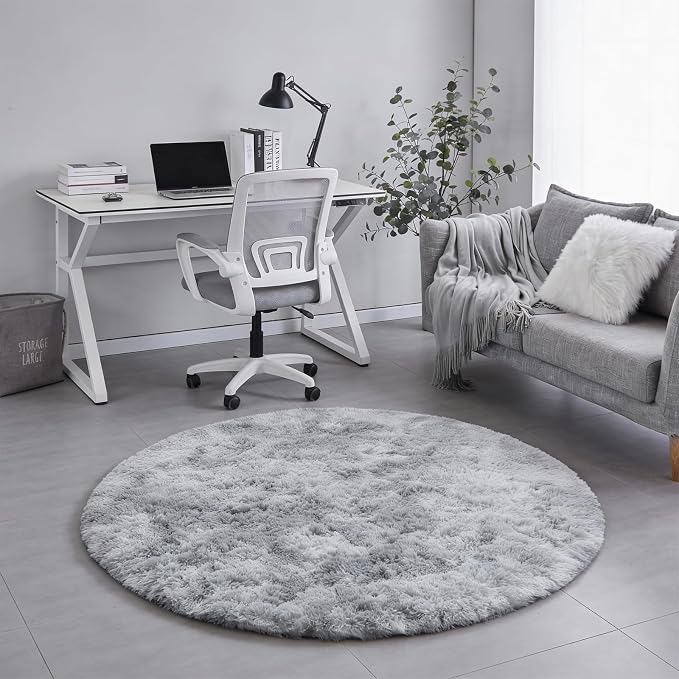 Amdrebio Tie-Dyed Light Grey Fluffy Round Rug 4Ft - Image 6