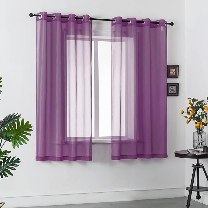 DUALIFE Dark Purple Curtains 63 Inch Length for Bedroom Girls 2 Panels Set Grommet Semi Transparent Window Drapes Sheer Voile Royal Purple Thin Curtains for Living Room Violet Plum 52x63 Inches