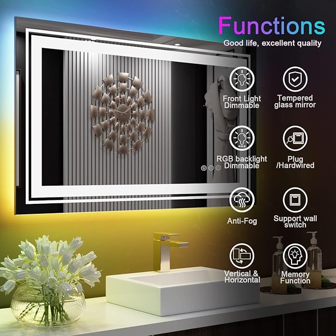 LED Mirror for Bathroom, 40"X30" with 8 RGB Backlit +3 Front Lit (Adjustable Individually), Anti-Fog, Lighted Bathroom Vanity Mirror for Wall, Shatterproof, Memory Function, Tempered Glass