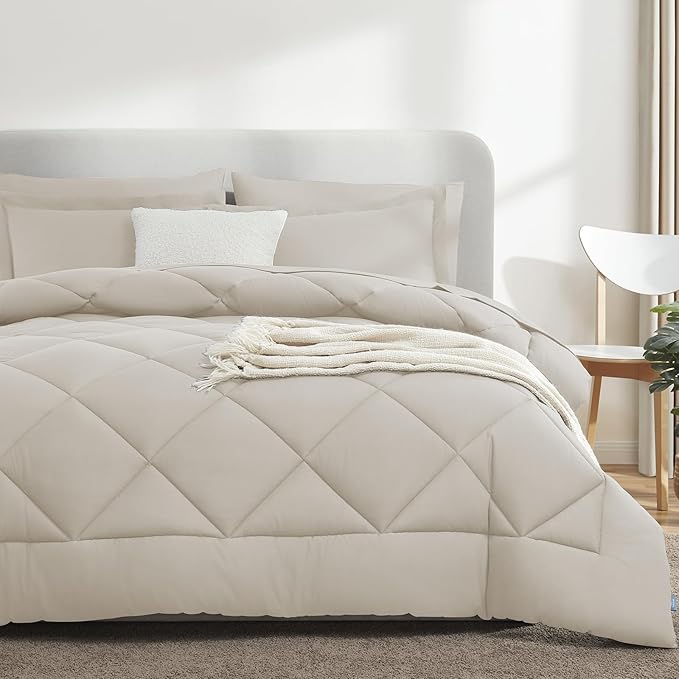 CozyLux Oversized Queen Comforter Set Beige - 7 Pieces Bed in a Bag Comforter Set with Sheets, Luxury Soft Bed Set All Seasons, Bedding Set with Down Alternative Comforter, Sheets, Pillowcases & Shams