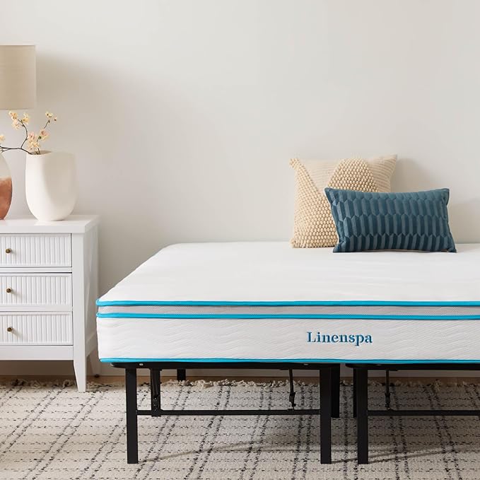 Linenspa 8” Memory Foam and Innerspring Hybrid Mattress + 14” Black Metal Platform Bedframe – Full Mattress + Metal Folding Full Bedframe