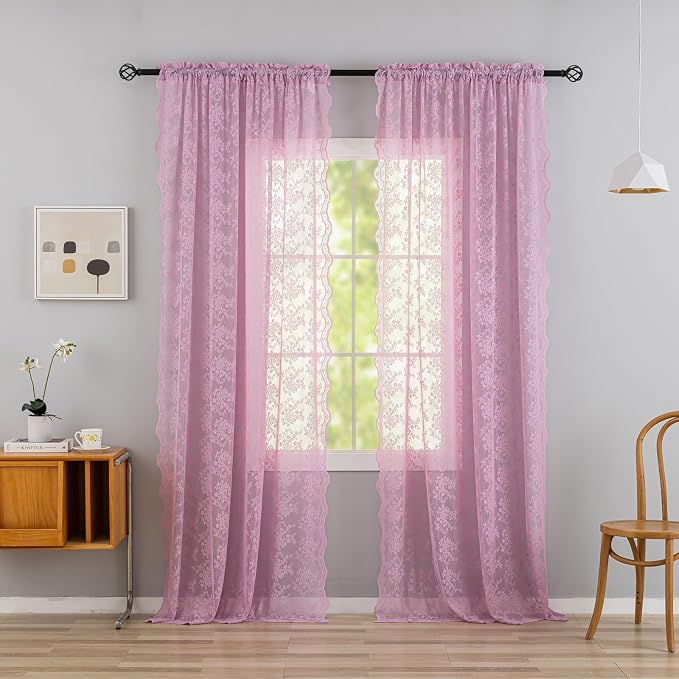 YJ YANJUN Vintage Lace Curtains 84 Inches Long-Victorian Floral Pattern Lilac - Image 2