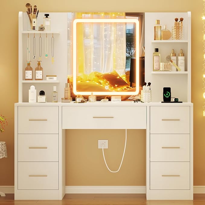 Quimoo Large Vanity Desk with LED Lighted Mirror & Power Outlet, Makeup Vanity Table with 7 Drawers,4 Shelves and 5 Hooks, White Vanity for Bedroom, Bathroom