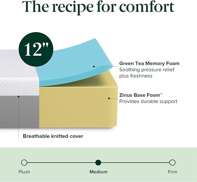 ZINUS 12 Inch Green Tea Essential Memory Foam Mattress [New Version], Twin, Fiberglass Free, Medium Feel, Breathable Airflow Memory Foam, Certified Safe Foams & Fabric, Mattress in A Box
