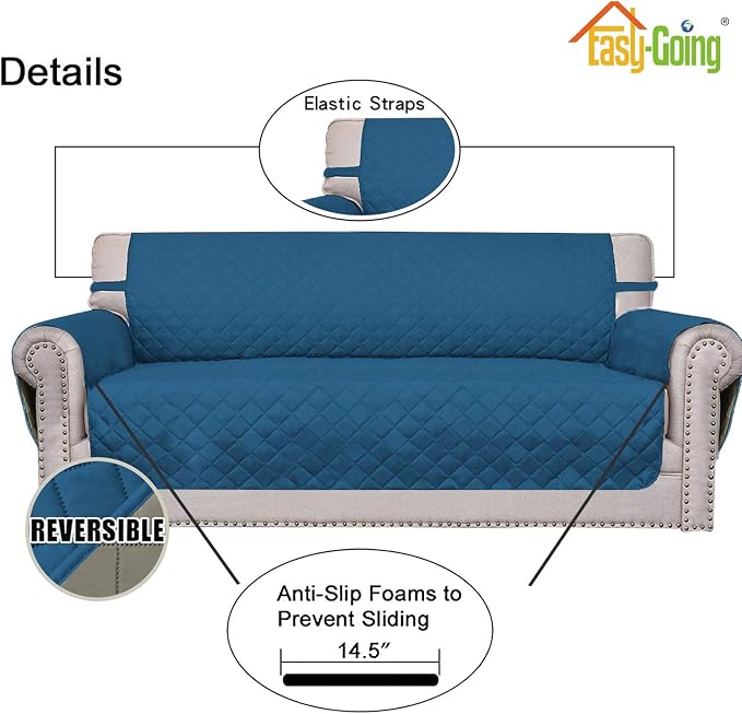 Easy-Going Reversible Couch Cover, 3 Cushion Sofa, Peacockblue/Beige | X-Large - Image 3