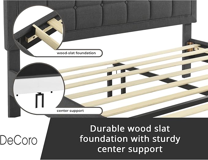 Decoro Mornington Upholstered 2.0 Platform Bed, Button-Tufted Fabric Headboard and Metal Frame with Wood Slat Support, Dark Grey, King