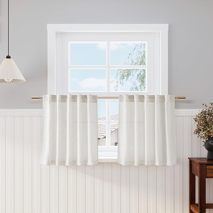 Cream Linen Cafe Curtains 24 Inch Length 2 Panels Light Filtering Semi Sheer by Nanspring