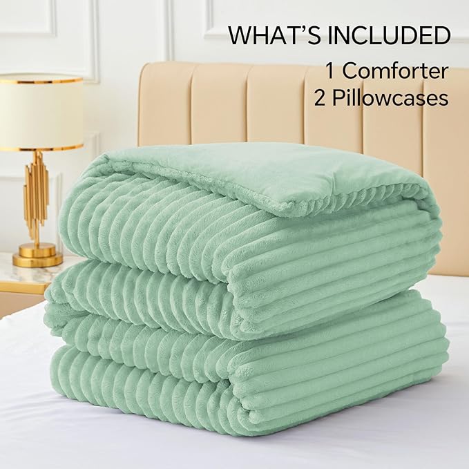 BEDELITE Fleece Queen Comforter Set -Super Soft & Warm Fluffy Light Green Bedding, Luxury Fuzzy Heavy Bed Set for Winter with 2 Pillow Cases