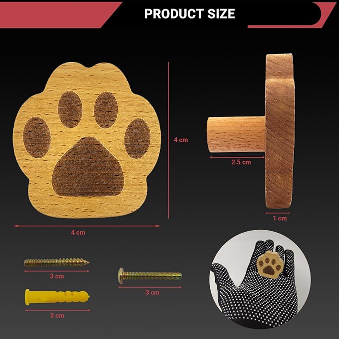 4PCS Wooden Cat's Paw Shaped Cabinet Knobs, Cabinet Handles, Single Hole Beech Wood Handles, Wood Hooks with Full Set of Screw Accessories