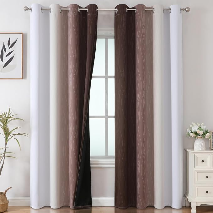 Brown and Greyish White Blackout Curtains 52Wx90L 2 Panels | Ombre Curtains - Image 2
