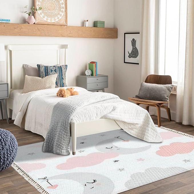 Rug Cute Sky Smiling Sleeping Moon Hearts Stars Clouds Scandinavian Chic Area Rug Washable Hallway Runner Rug Minimalist Home Decor for Living Room Bedroom Nursery Playroom Classroom