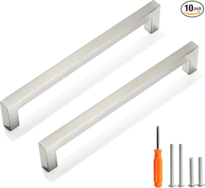 Cabinet Pulls Brushed Nickel Cabinet Handles Square Drawer Pulls, 10 Pack 7-1/2 Inch Stainless Steel Kitchen Door Cupboard Cabinet Handles, Cabinet Hardware Drawer Handles, 192mm Hole Centers