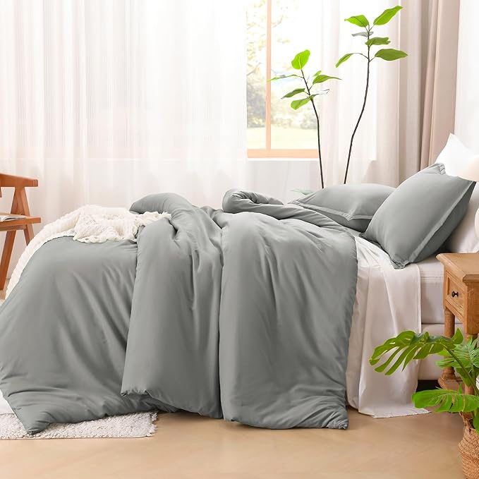Litanika Comforters Medium Gray Oversized King Size, 3 Pieces Lightweight Solid Bedding Set & Collections, All Season Fluffy Bed Set (120x98In Comforter & 2 Pillowcases)