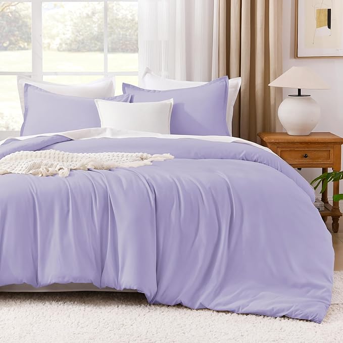 Litanika Lavender Purple Comforters Queen Size, 3 Pieces Lightweight Solid Bedding Comforter Set, All Season Fluffy Bed Set (90x90In Comforter & 2 Pillowcases)
