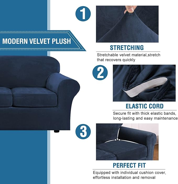 H.VERSAILTEX Velvet 4 Piece High Stretch Sofa Slipcover Sofa Cover Furniture - Image 3
