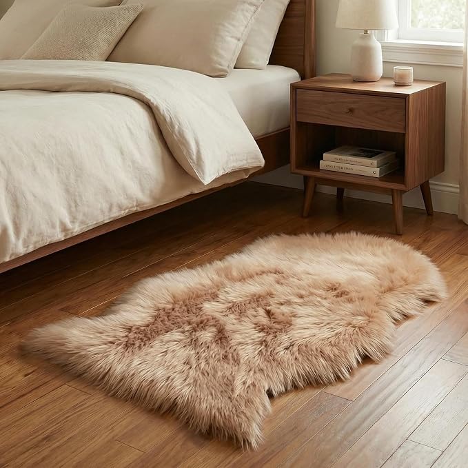 duduta Beige Faux Sheepskin Rug 2x3 ft, Small Faux Fur Chair Covers | Shag - Image 5