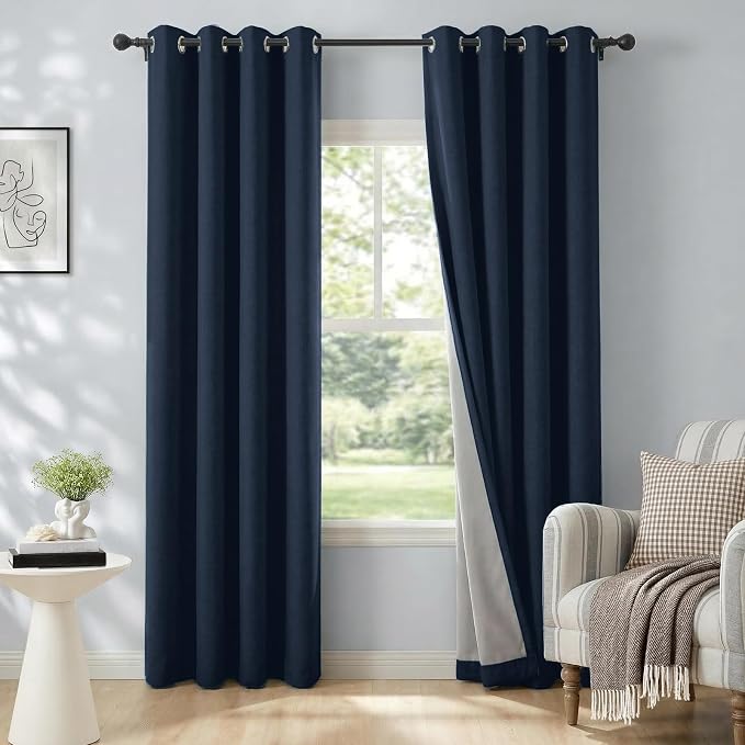 100% Blackout Linen Textured Curtains 96 Inch Long, Midnight Blue | 100% by 100BlackoutShield