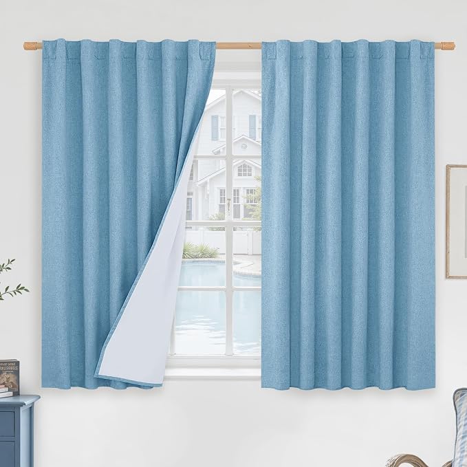 Blue 100% Blackout Linen Window Curtains by LAMIT