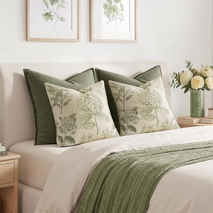 Set of 2 Decorative Floral Pillow Covers 18x18 Inch Sage Green | Neutral - Image 6