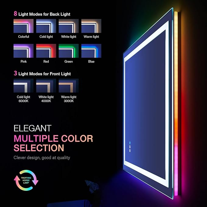 LOAAO 28"X36" LED Bathroom Mirror with Lights, Anti-Fog, Dimmable, RGB Backlit + Front Lighted, Bathroom Vanity Mirror for Wall, Memory Function, Tempered Glass (Safe to Use)