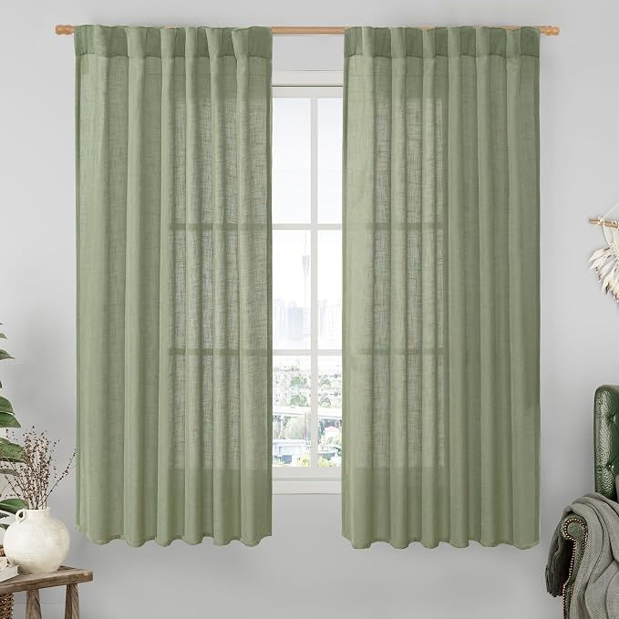 Sage Green Semi Sheer Linen Curtains 60 Inch, Light Filtering Panels | Window by LAMIT