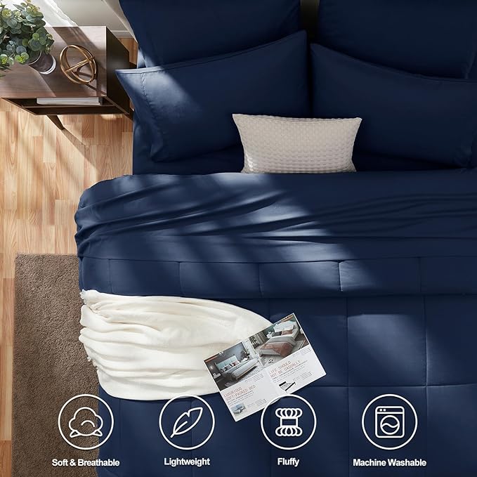 CozyLux Oversized King Comforter Sets Navy Blue, 7 Pieces Bed in a Bag, Ultra-Soft All Season Bedding Sets with Stitch Quilted Comforter, Flat Sheet, Fitted Sheet, Pillowcases, Navy Blue