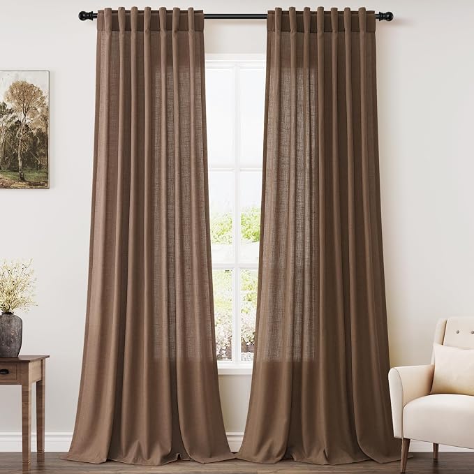 Caramel Brown Linen Curtains 90 Inch Length 2 Panels Set by Nanspring