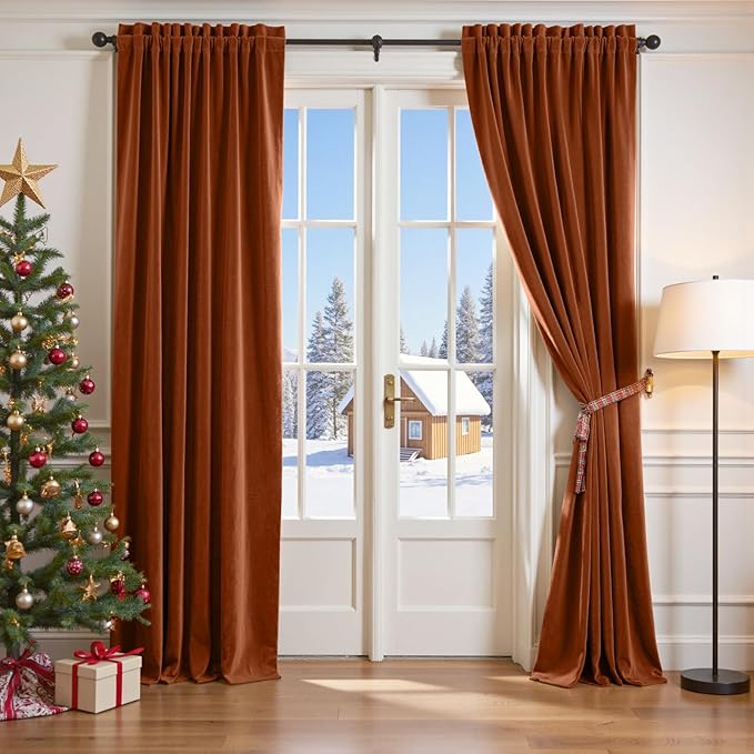 Lazzzy Velvet Blackout Curtains Thermal Insulated Room Window Drapes Super Soft Luxury Curtains for Living Room Bedroom Rod Pocket 2 Panels, Burnt Orange, 52" W x 96" L