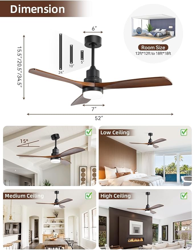 Sofucor 52 Inch Smart Ceiling Fans with Lights and Alexa/Google Assistant/APP/Remote Control-Modern Solid Wood Outdoor Walnut 3 Blades Ceiling Fan for Bedroom Living Room Farmhouse Patio, Brown Black