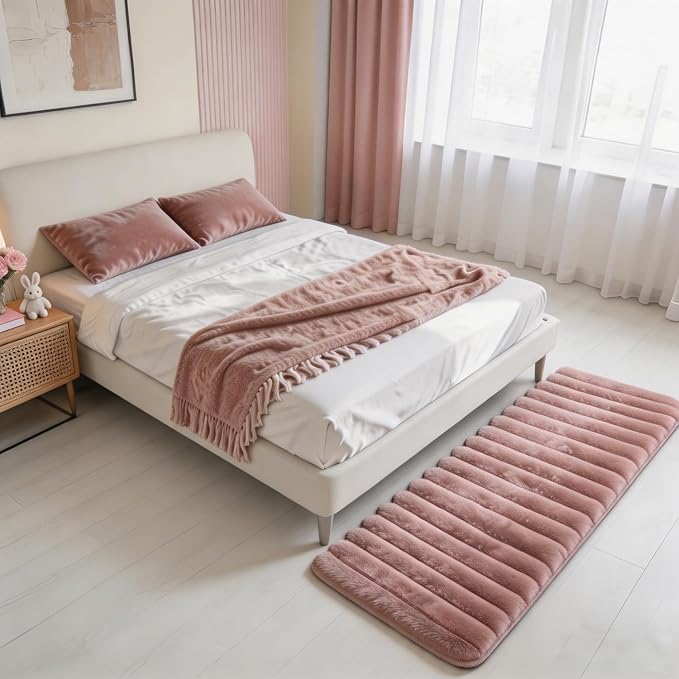 Dusty Rose Rabbit Striped Plush Rug 2'x6', Fluffy Faux Fur Shaggy Area Rug - Image 2