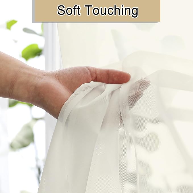Cream Sheer Curtains 63 Inch Length 2 Panels Set, Elegant Voile Window Curtains - Image 9