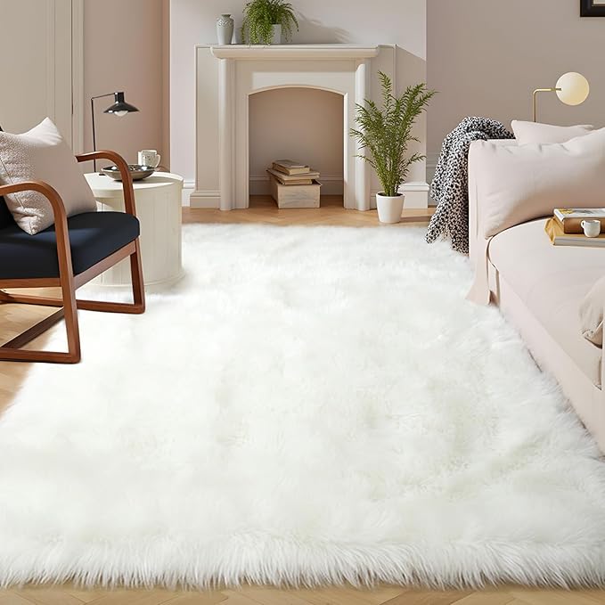 Latepis White Faux Fur 7'10"x9'10" Area Rug, Soft Plush Faux Fur Sheepskin Rugs by Latepis