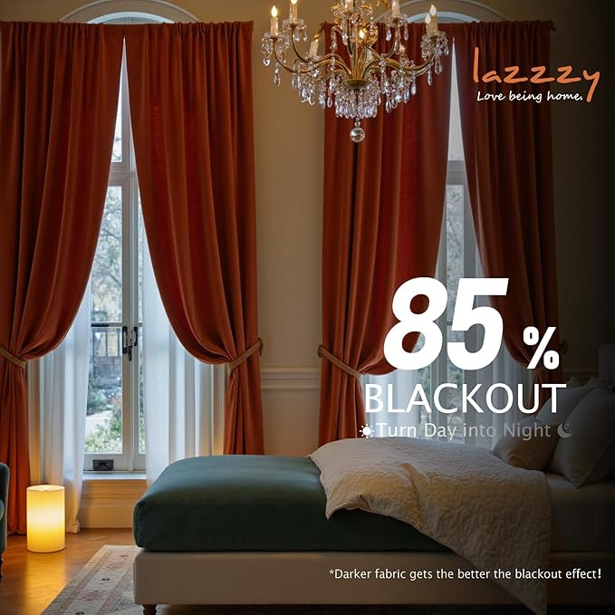 Lazzzy Velvet Blackout Curtains Thermal Insulated Room Window Drapes Super Soft Luxury Curtains for Living Room Bedroom Rod Pocket 2 Panels, Rust Red, 52" W x 84" L